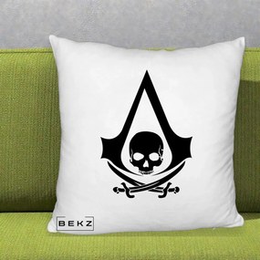 Perna Personalizata Assassin's Creed Black Flag Skull, 40x40 cm, Alb Pufos, Husa Detasabila, Perna Inclusa, BEKZ®