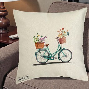 Perna Decorativa Bicicleta Florala Turcoaz Acuarela, 40x40 cm, Ecru, Husa Detasabila, Perna Inclusa, BEKZ®