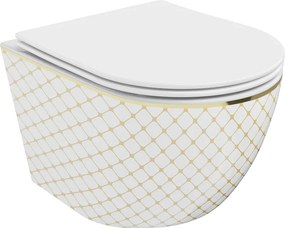 Mexen Lena toaletă WC fără margini cu capac slim cu închidere lentă, duroplast, albă/auriu model grilă - 30224009