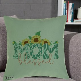 Cadou pentru Mama - Perna Personalizata Mom Blessed cu Floarea Soarelui Animal Print Teal, 40x40 cm, Verde, Husa Detasabila, Perna Inclusa, BEKZ®