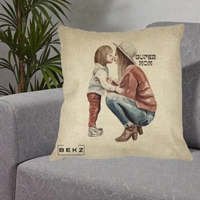 Cadou pentru Mama - Perna Personalizata Super Mom Acuarela, 40x40 cm, Crem, Husa Detasabila, Perna Inclusa, BEKZ®