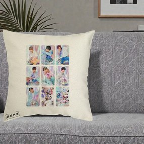 Perna Personalizata K-pop BTS Colaj 9 Fotografii Autografe Individual, 40x40 cm, Ecru, Husa Detasabila, Perna Inclusa, BEKZ®