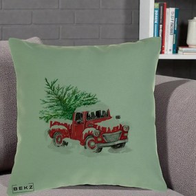 Perna Decorativa Camioneta Rosie Brad de Craciun, 40x40 cm, Verde, Husa Detasabila, Perna Inclusa, BEKZ®