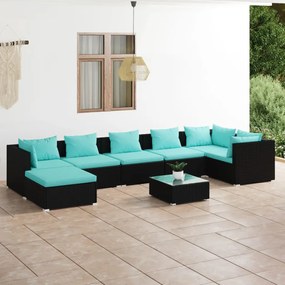 Set mobilier de gradina cu perne, 8 piese, negru, poliratan Negru si albastru, 3x mijloc + 3x colt + suport pentru picioare + masa, 1