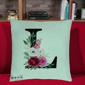 Cadou Personalizat - Perna Personalizata Monograma Florala Litera L, 40x40 cm, Verde Menta, Husa Detasabila, Perna Inclusa, BEKZ®