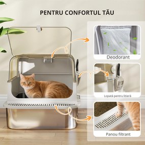 Litieră pentru Pisici PawHut XXL din Oțel Inoxidabil cu Capac Rabatabil la 90° Gri | Aosom Romania