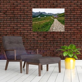 Tablou pe sticlă - Peisaj montan cu case (70x50 cm)