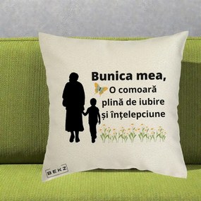 Cadou pentru Bunica - Perna Personalizata Bunica Mea Comoara cu Fluture si Baietel, 40x40 cm, Ecru, Husa Detasabila, Perna Inclusa, BEKZ®