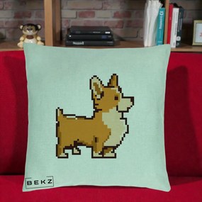 Perna Personalizata Corgi Pixel Art, 40x40 cm, Verde Menta, Husa Detasabila, Perna Inclusa, BEKZ®