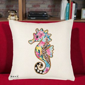 Perna Decorativa Calut de Mare Glitter Tropical, 40x40 cm, Crem Reliefat, Husa Detasabila, Perna Inclusa, BEKZ®