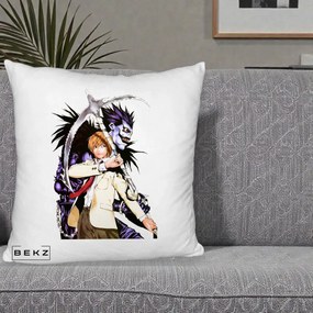 Perna Personalizata Death Note Light si Ryuk Duo, 40x40 cm, Alb Pufos, Husa Detasabila, Perna Inclusa, BEKZ®