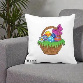 Perna Decorativa Cos cu Oua de Pasti Colorat, 40x40 cm, Alba Mata, Husa Detasabila, Perna Inclusa, BEKZ®