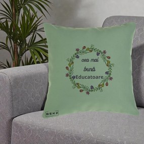 Cadou pentru Educatoare - Perna Personalizata Cea mai Buna Educatoare cu Coronita Florala Colorata, 40x40 cm, Verde, Husa Detasabila, Perna Inclusa, BEKZ®