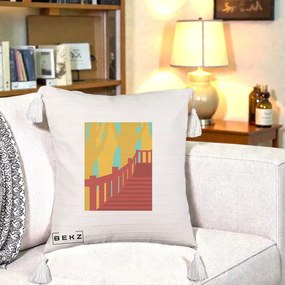 Perna Decorativa Scari Toamna Peisaj Grafic, 40x40 cm, Bej cu Franjuri, Husa Detasabila, Perna Inclusa, BEKZ®