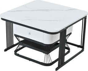 Set masă de cafea, 2 piese, set masă pentru living cu 1 sertar, 70x70x45 cm/50x50x40 cm, Alb+Negru