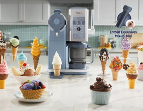 Mașină de înghețată 13-în-1 Ninja CREAMi Scoop & Swirl™ NC702EU, 800 W, 13 programe, manetă cu 3 poziții pentru cornetele de înghețată, CreamiFit, Creamify, 2 cupe de 473 ml, Personalizare, Albastru/Gri