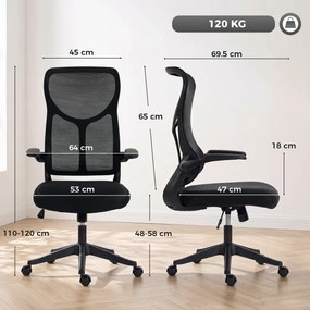 HOMCOM Scaun de birou ergonomic rotativ cu brațe rabatabile, funcție de balans, înălțime reglabilă, din plasă, negru | Aosom Romania