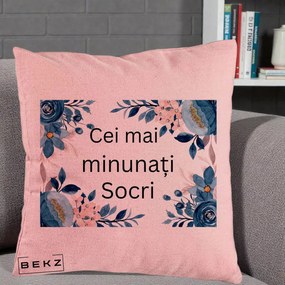 Cadou pentru Socri - Perna Personalizata Cei mai Minunati Socri cu Flori Albastre si Roz, 40x40 cm, Roz, Husa Detasabila, Perna Inclusa, BEKZ®