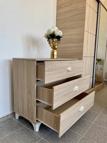 Dormitor Erika / Paris, culoare sonoma / gri, cu pat tapitat 160 x 200 cm, dulap cu oglinda 150 cm, comoda si 2 noptiere