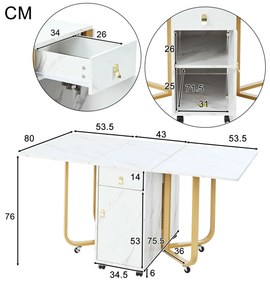 Masă de bucătărie versatilă și pliabilă, Alb+Auriu | Aosom Romania
