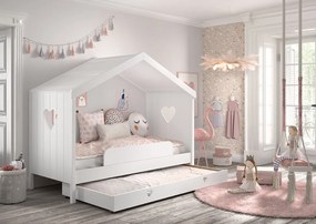 Set AMORI în alb format dintr-un Pat copii Vipack fără cap (90 x 200 cm), un sertar de Pat copii și o protecție împotriva căderii.