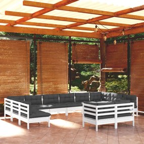 3097272 vidaXL Set mobilier grădină cu perne, 12 piese, alb, lemn masiv pin