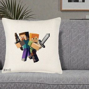 Perna Personalizata Minecraft Steve si Alex, 40x40 cm, Crem Reliefat, Husa Detasabila, Perna Inclusa, BEKZ®