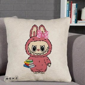 Perna Personalizata Labubu Roz cu Funda si Carti, 40x40 cm, Bej Canapea, Husa Detasabila, Perna Inclusa, BEKZ®