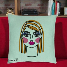 Perna Decorativa Portret Pop Art Fata, 40x40 cm, Verde Menta, Husa Detasabila, Perna Inclusa, BEKZ®