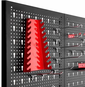 Panou metalic de perete pentru unelte cu carlige si rafturi