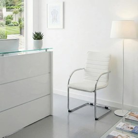 Scaun pentru așteptare alb OFF 835 din piele ecologică și cadru metalic cromat cu brațe