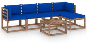 Set mobilier de gradina cu perne albastre, 6 piese Albastru, 2x colt + 2x mijloc + suport pentru picioare + masa, 1