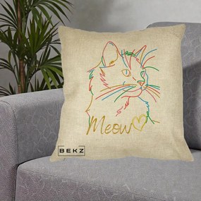 Perna Personalizata Pisica Meow Arta Linie Colorata, 40x40 cm, Crem, Husa Detasabila, Perna Inclusa, BEKZ®