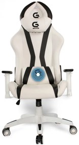 Scaun gaming, ergonomic, masaj pernă lombară, brațe reglabile 2D, piele PU, roți silențioase, rezistent 150 KG, Alb/Negru