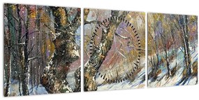 Tablou cu peisaj de iarnă pictat (cu ceas) (90x30 cm)