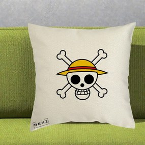 Perna Personalizata One Piece Jolly Roger Straw Hat Pirates, 40x40 cm, Ecru, Husa Detasabila, Perna Inclusa, BEKZ®