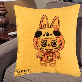 Perna Personalizata Labubu Panda-Bunny Roz, 40x40 cm, Galben, Husa Detasabila, Perna Inclusa, BEKZ®