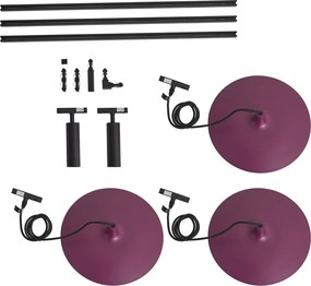 Sistem de iluminat pe șină modern negru cu 2 spoturi și 3 lămpi suspendate mov monofazate - Slimline Uzzy Panzi