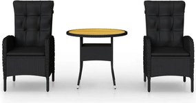 vidaXL Set bistro de grădină, 3 piese, negru, poliratan