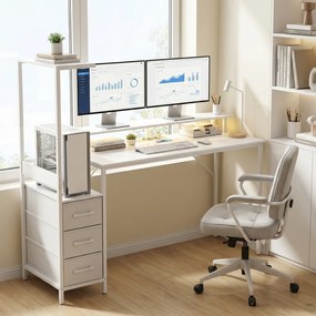 HOMCOM Birou Gaming cu Suport CPU Reglabil Reversibil și LED, 147x47 cm, Stație de Încărcare, Suport Monitor, 3 Sertare din Material Textil, pentru Acasă, Birou sau Studio, Alb | Aosom Romania