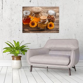 Tablou pe sticlă - Natura morta cu borcane de miere (70x50 cm)