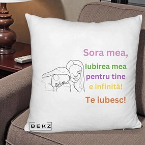 Cadou pentru Sora - Perna Personalizata Sora Mea Te Iubesc Line Art Fete Colorate Brate Ridicate, 40x40 cm, Alb Pufos, Husa Detasabila, Perna Inclusa, BEKZ®