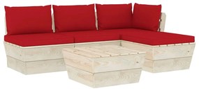 Set mobilier gradina din paleti, 5 piese, cu perne, lemn molid Rosu, colt + 2x mijloc + masa + suport pentru picioare, 1