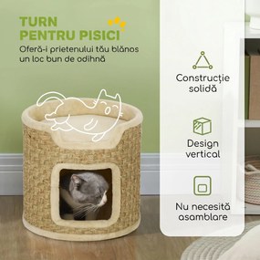 PawHut Ansamblu de Zgâriat pentru Pisici, 37 cm, 2 Niveluri, cu Ascunzătoare și Sfoară din Sisal, până la 5 kg, Kaki | Aosom Romania