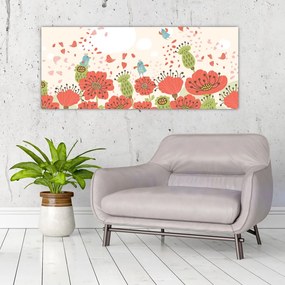 Tablou - Păsări pe o pajiște înflorită (120x50 cm)