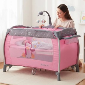 Patut Pliabil rotund cu balansoar, Tarc copii Baby Care™ PRO FRW, 2 Niveluri de inaltime, Cu melodii si Masa infasat, Carusel cu jucarii din plus,