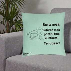 Cadou pentru Sora - Perna Personalizata Sora Mea Te Iubesc Line Art Portrete Fata in Fata, 40x40 cm, Verde Menta, Husa Detasabila, Perna Inclusa, BEKZ®