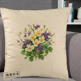 Perna Decorativa Viorele Iris Violet si Trifoi, 40x40 cm, Bej, Husa Detasabila, Perna Inclusa, BEKZ®