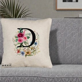 Cadou Personalizat - Perna Personalizata Monogram Litera D cu Flori Acuarela, 40x40 cm, Bej Canapea, Husa Detasabila, Perna Inclusa, BEKZ®