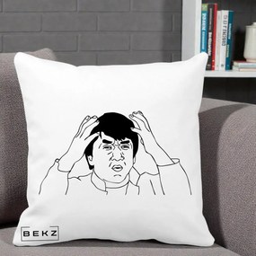 Perna Decorativa Jackie Chan WTF, 40x40 cm, Alba Mata, Husa Detasabila, Perna Inclusa, BEKZ®